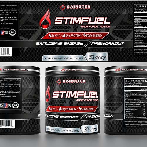 Diseño de Creating a pre-workout label for a new supplement product called STIMFUEL de lantonx