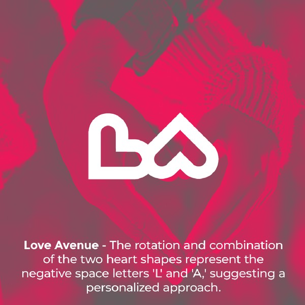 The two hearts logo concept represents negative space letters "LA"