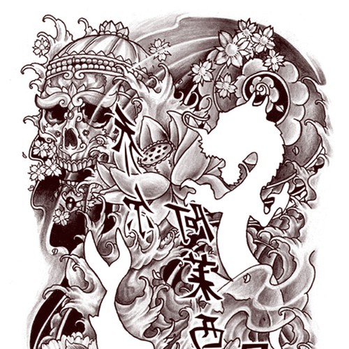 asiatisches S/W-Tattoo /  black&white tattoo asian style Design by INKSPITJUNKIE