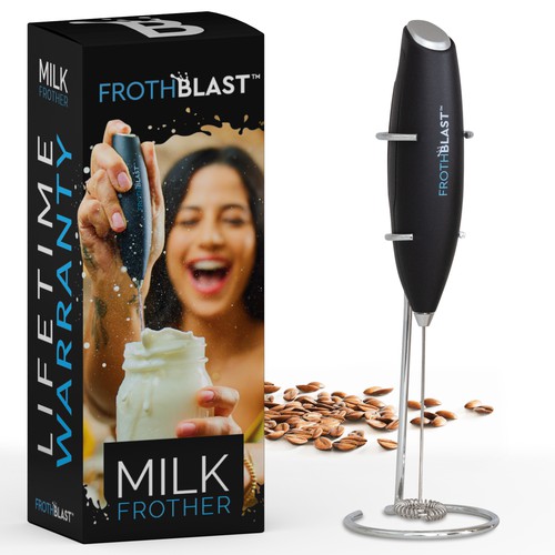 "Design a BOX design for MILK FROTHER  product" Diseño de interaksi