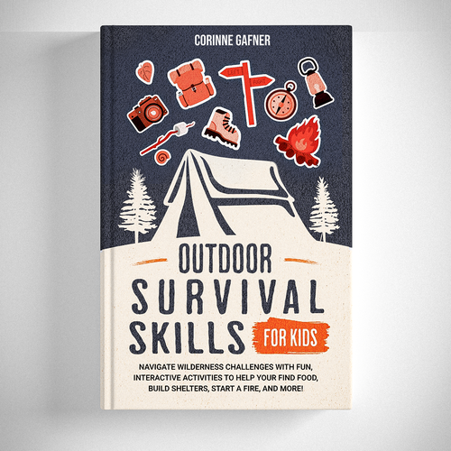 I am looking for a fun and inviting cover for my book on Outdoor survival skills for kids. Diseño de David Flowers