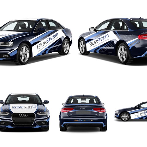 Sporty,Racy,Sexy car wrap needed for BlueSteam. Winner will have "designed by"!! Design by Baloo87