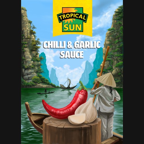 Tropical Sun Chilli & Garlic Sauce Label Digital Painting Design by Antonius Agung