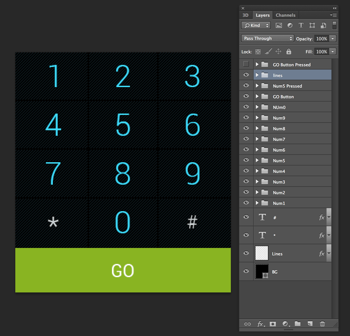 Numeric Pad Androidstyle fully sliced PSD with elements in Pressed and