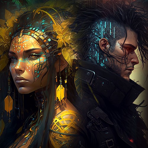 A cover for a sci-fi book with 2 species of humans (a tribal & a high-tech one), solarpunk aesthetics & wild nature Design by Antonio Cesar