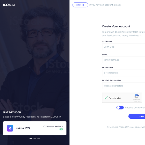 Sign Up Page for ICOfeed product