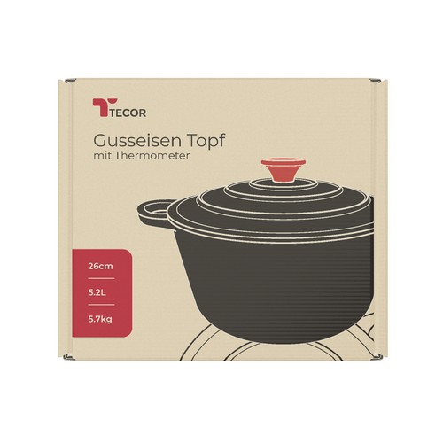 Packaging design for a cast iron pot with Thermometer from TECOR.  Logo available!! Design by Wahdin